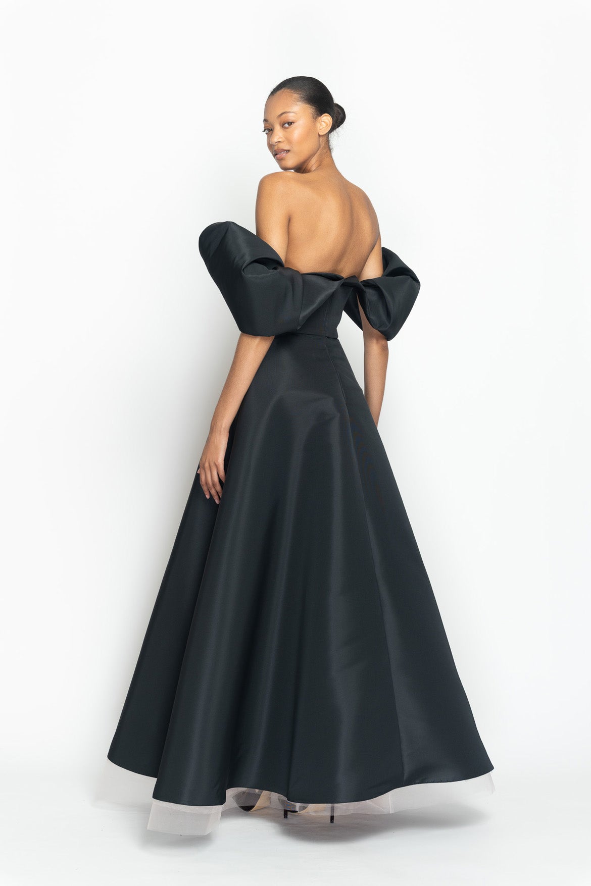 Onyx Faille Gown with Arched Overskirt and Hex Weave Embroidered Pleated Tulle Underskirt Side Two