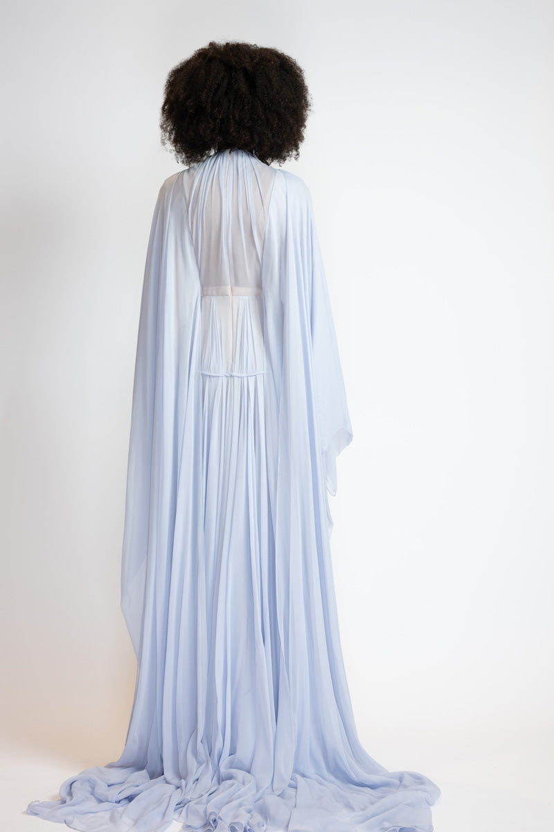 Tinted Aqua Chiffon Gown With Winged Cape And Draped Bodice 6