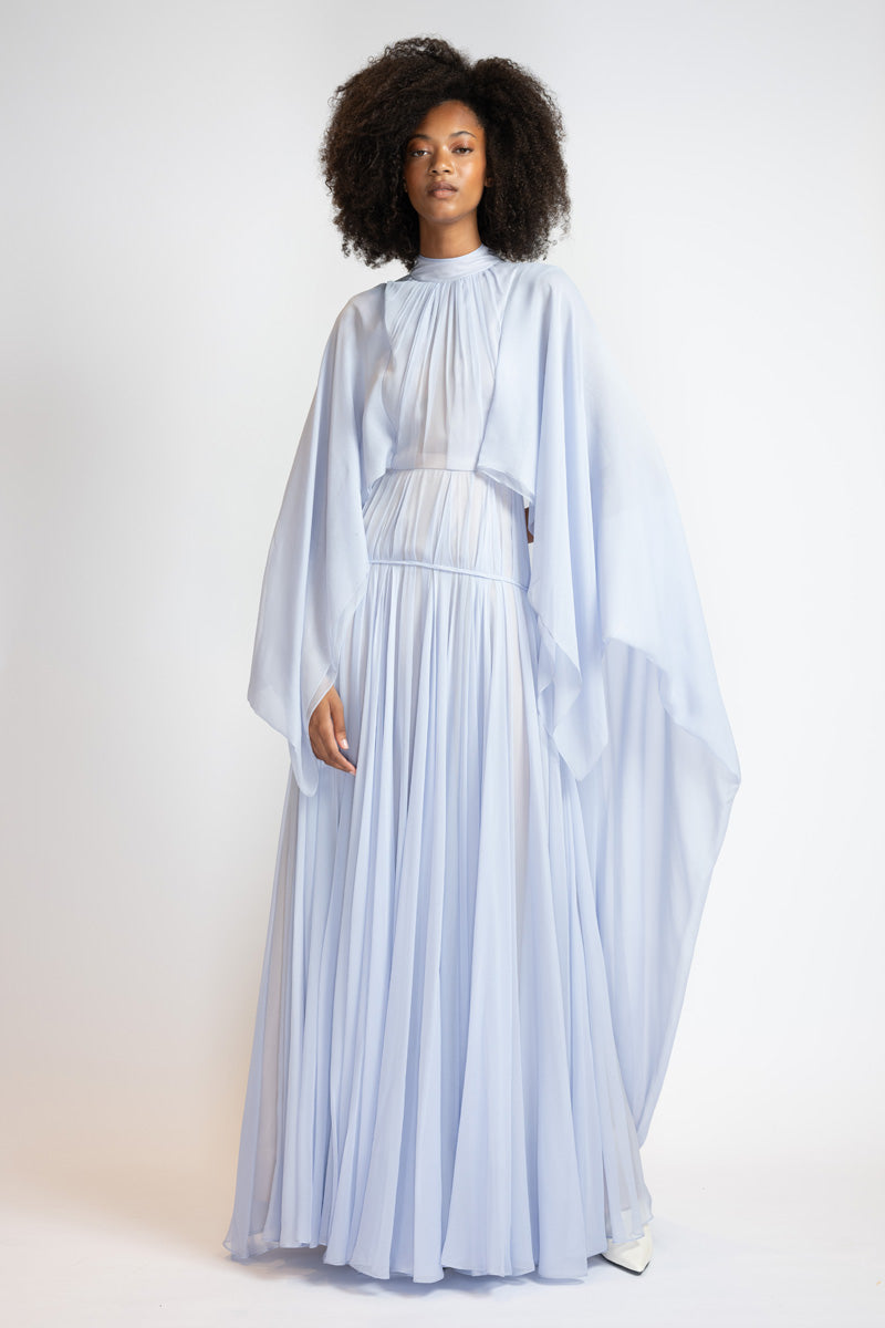 Tinted Aqua Chiffon Gown With Winged Cape And Draped Bodice 1