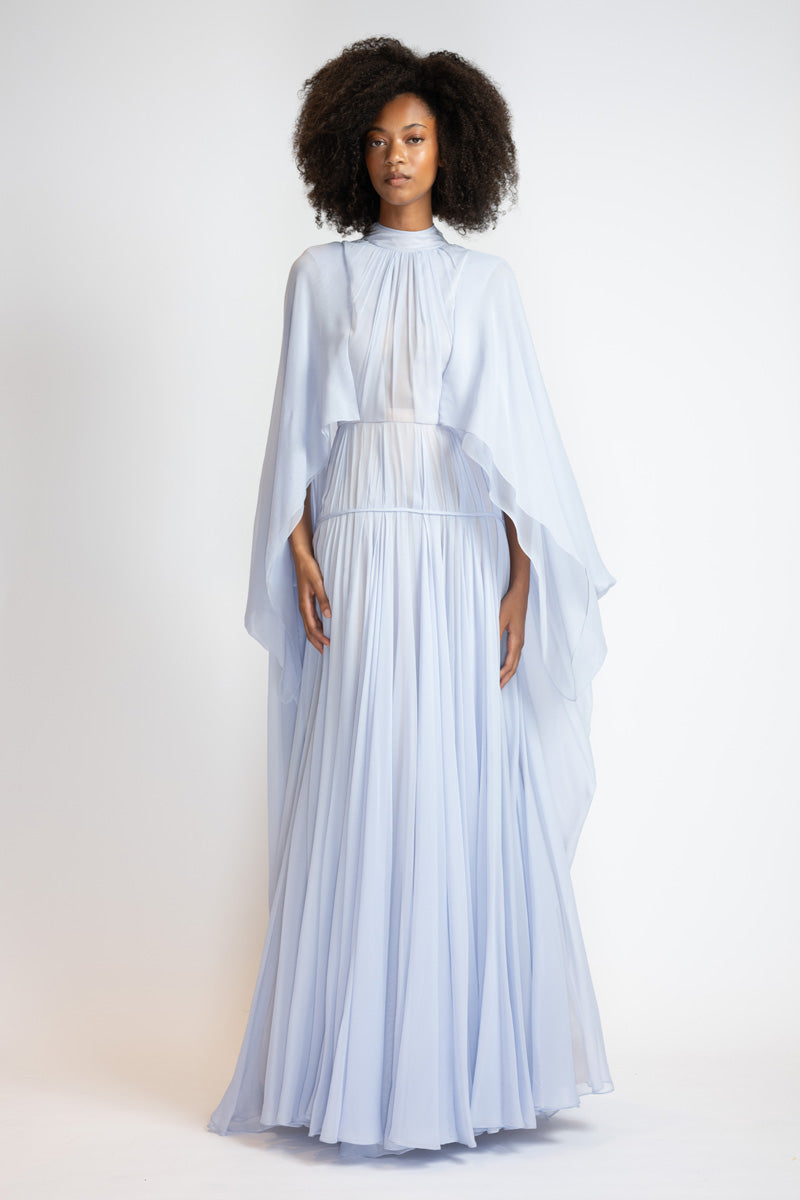 Tinted Aqua Chiffon Gown With Winged Cape And Draped Bodice 2