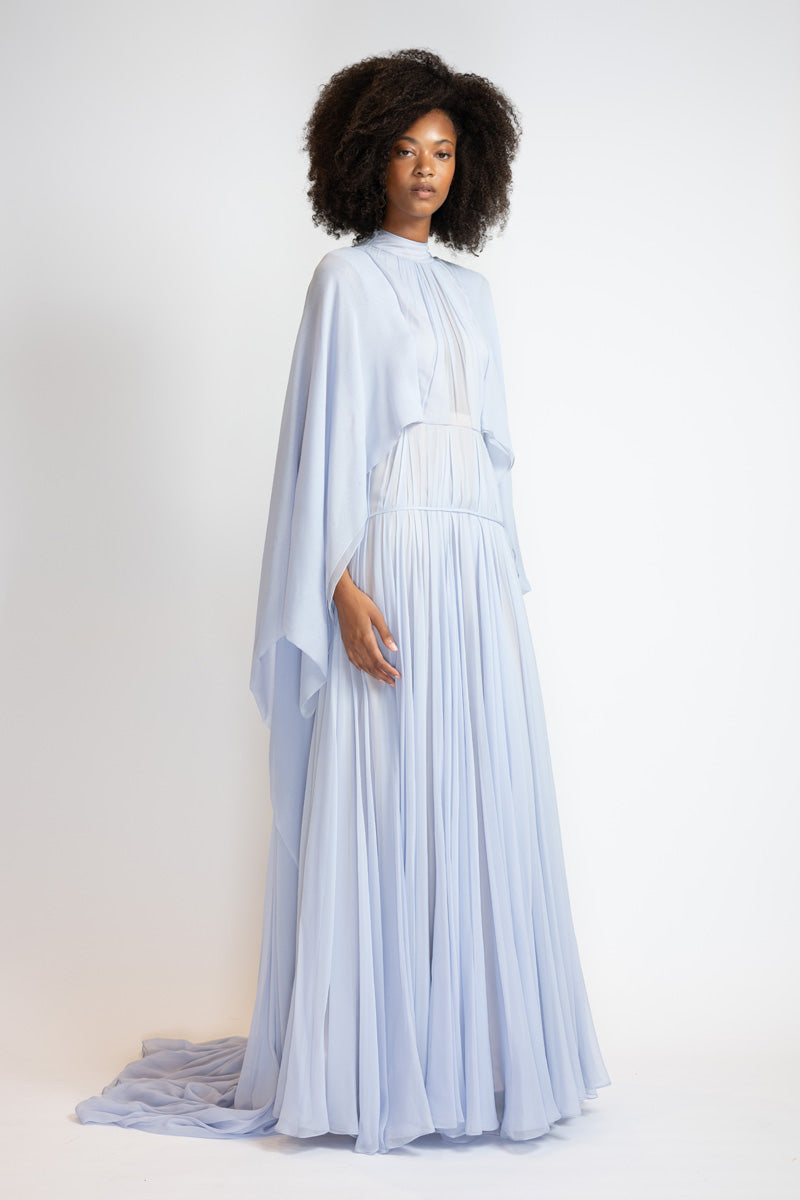 Tinted Aqua Chiffon Gown With Winged Cape And Draped Bodice 3