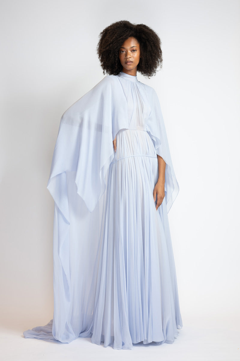 Tinted Aqua Chiffon Gown With Winged Cape And Draped Bodice 4