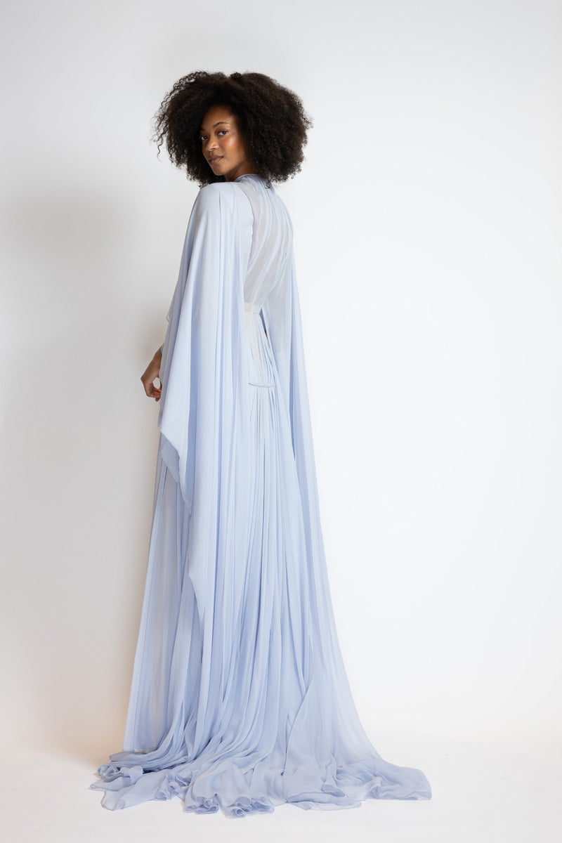 Tinted Aqua Chiffon Gown With Winged Cape And Draped Bodice 5