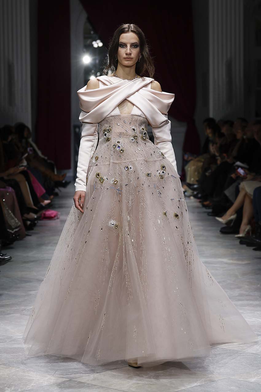 Rose Double Duchess Draped Shoulders and Jugnu Embroidered Tulle Gown Front Runway