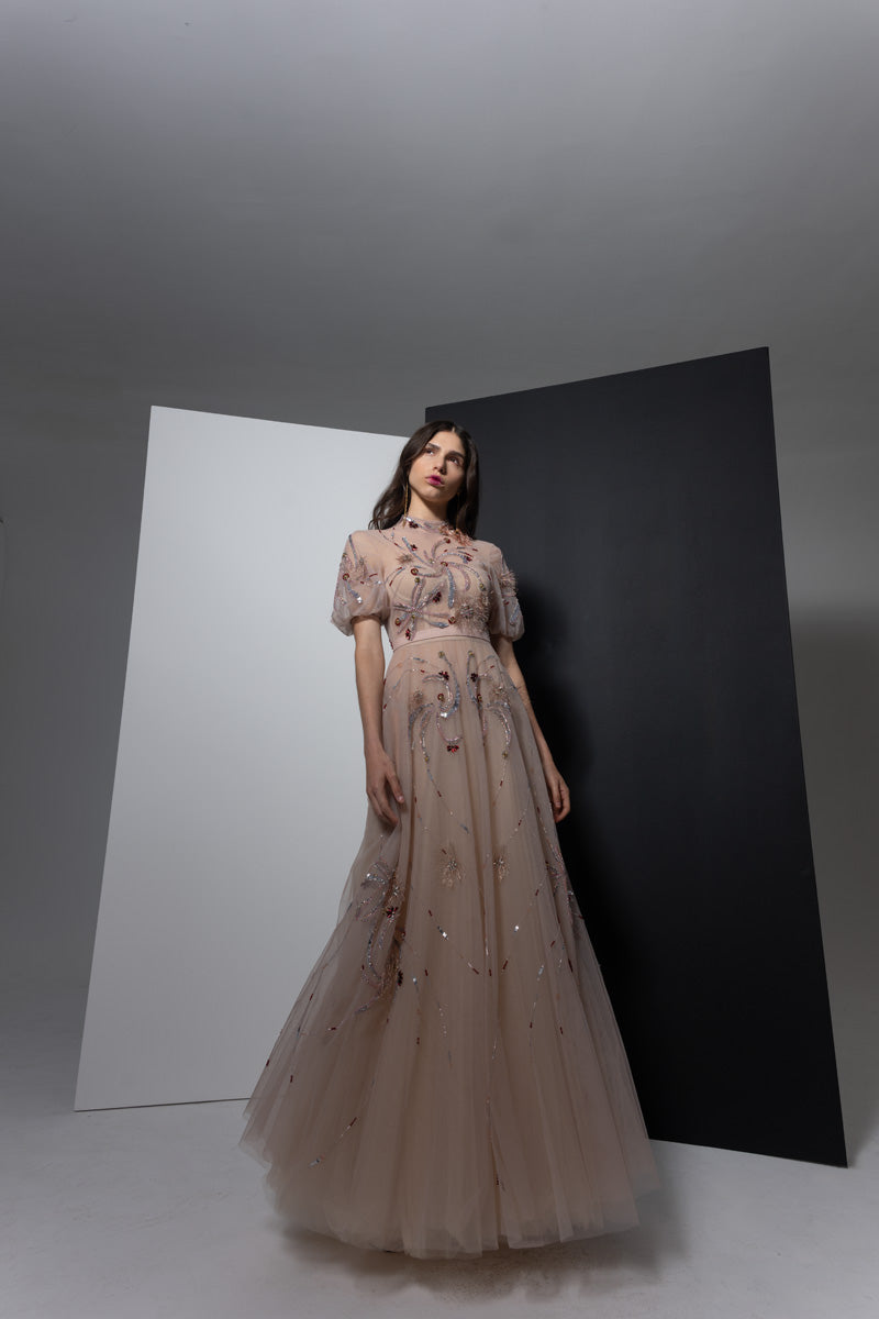 Blush Tulle Dance Dress with Crystal Radicle Embroidery and Puff Sleeves Front Runway