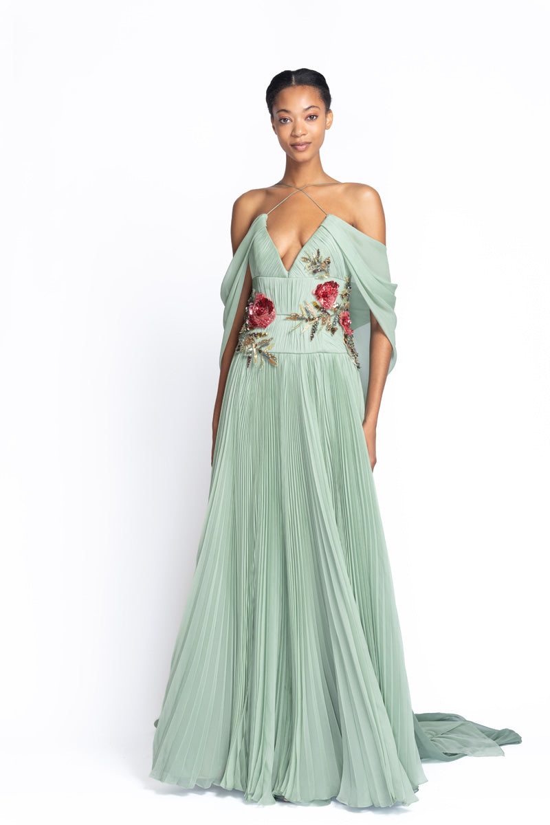 Olive Branch Embroidered Verde Mousseline Gown 2