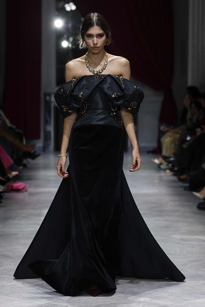 Onyx Faille and Velvet Gown with Jugnu Embroidery Front Runway