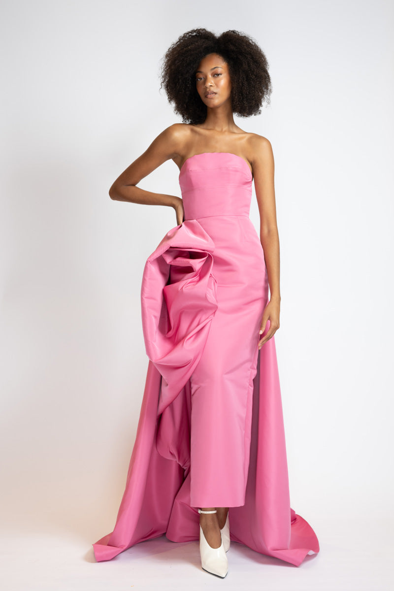 Camellia Faille Strapless Dress With Draped Blossom Train 3
