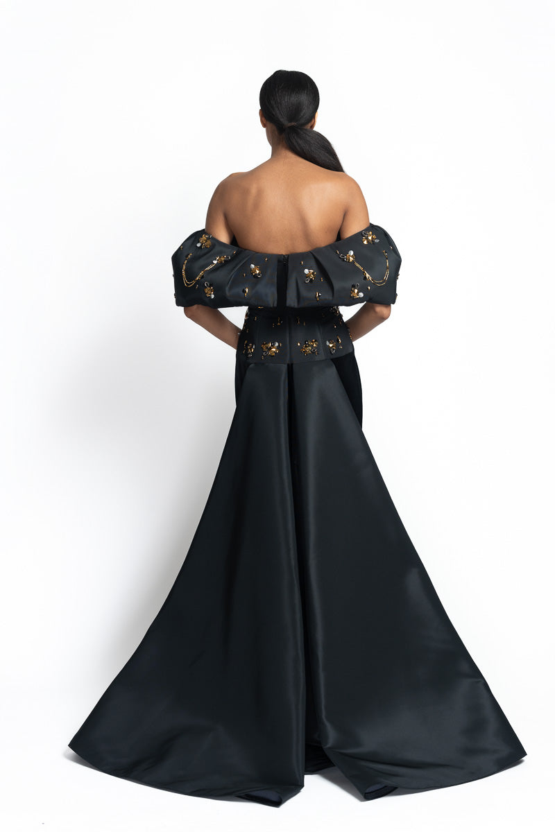 Onyx Faille and Velvet Gown with Jugnu Embroidery Back