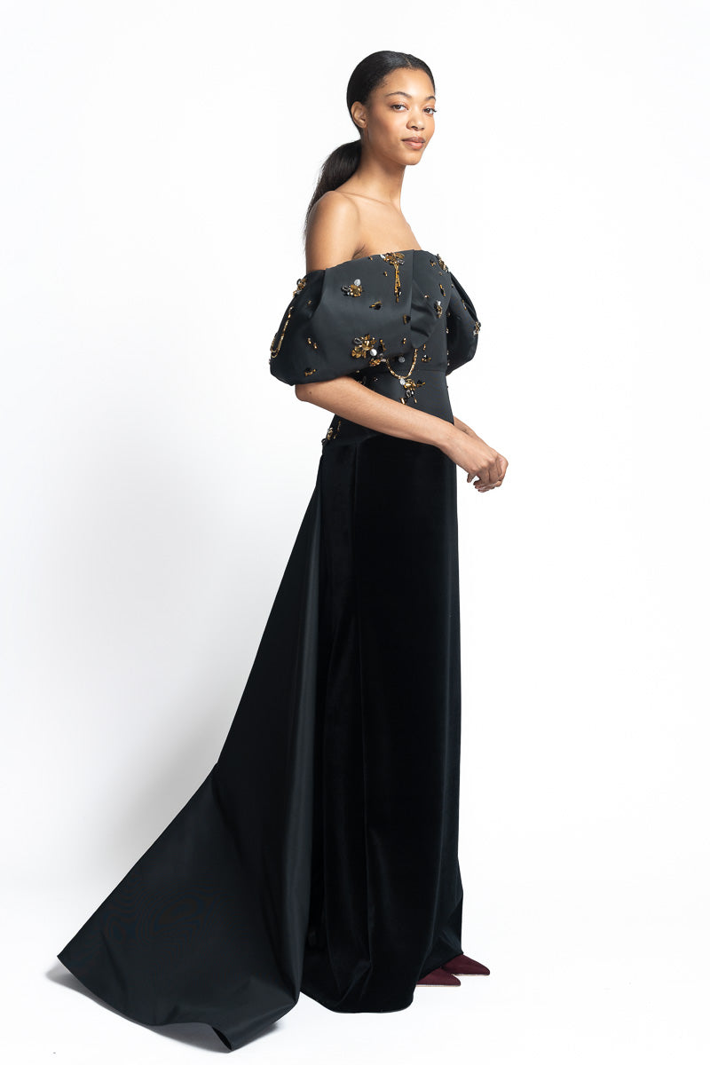 Onyx Faille and Velvet Gown with Jugnu Embroidery Side One