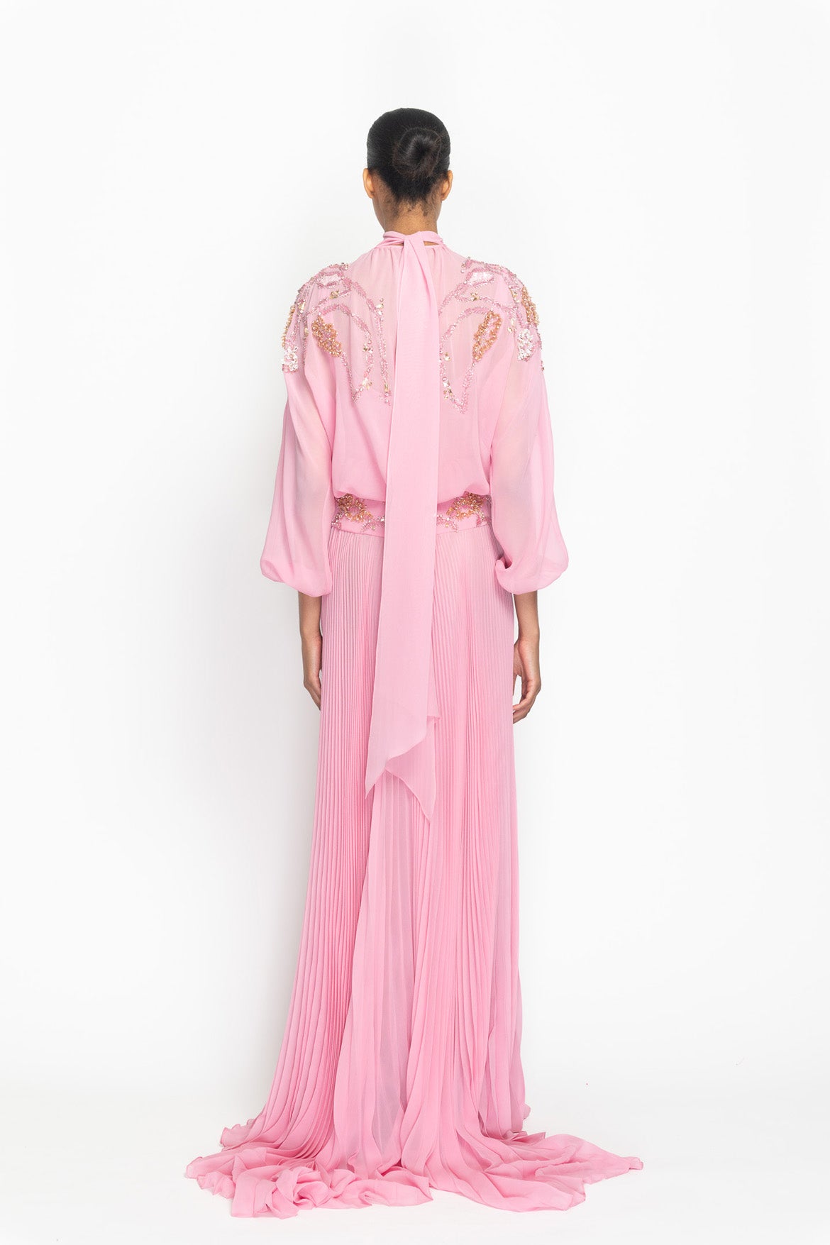 Wild Rose Hex Weave Embroidered Chiffon Gown with Pleated Skirt Back