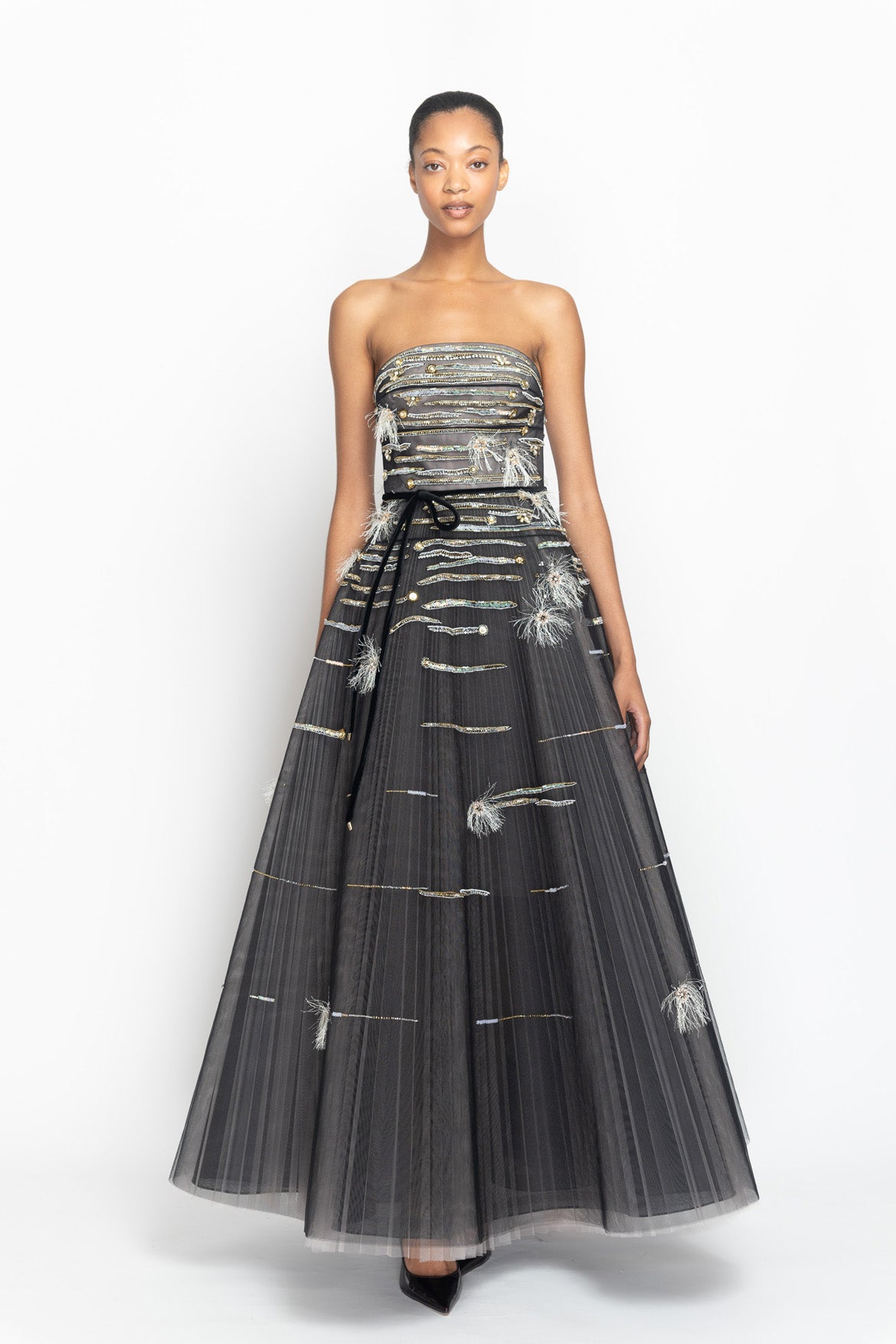 Onyx and Blush Tulle Strapless Ball Gown with Crystal Radicle Embroidery Front