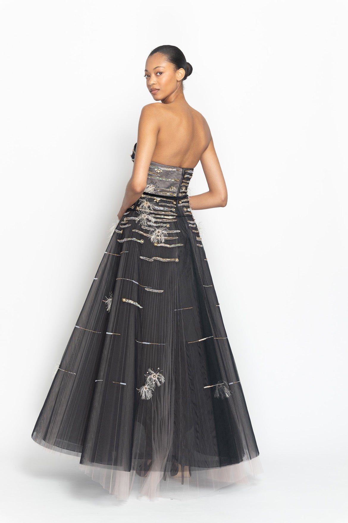 Onyx and Blush Tulle Strapless Ball Gown with Crystal Radicle Embroidery Side Two