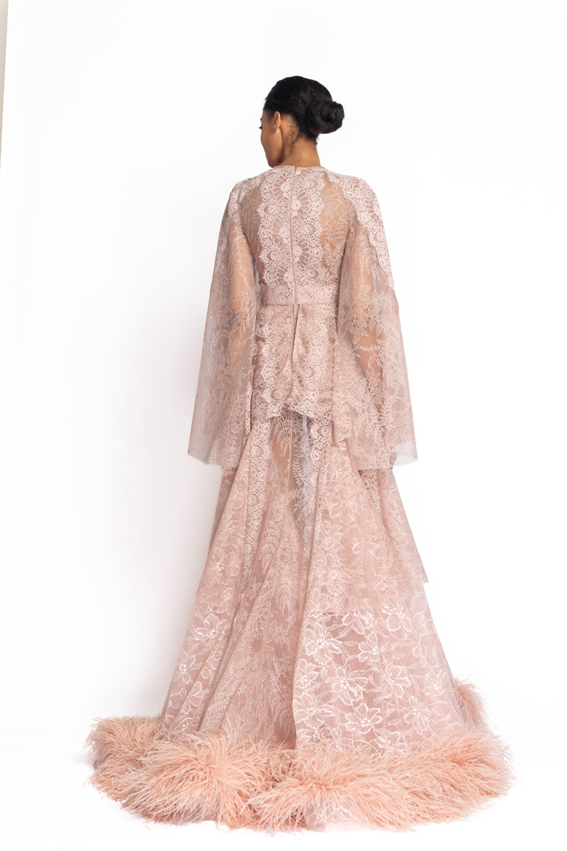 Primrose Multi-Chantilly Lace Gown with Feathered Hem 5