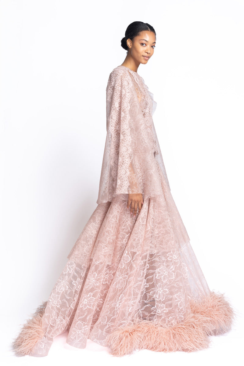 Primrose Multi-Chantilly Lace Gown with Feathered Hem 3