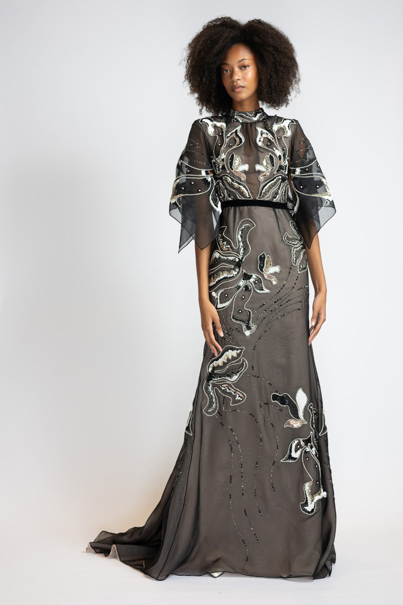 Rhyme Embroidered Black Organza Gown With Winged Sleeves 1