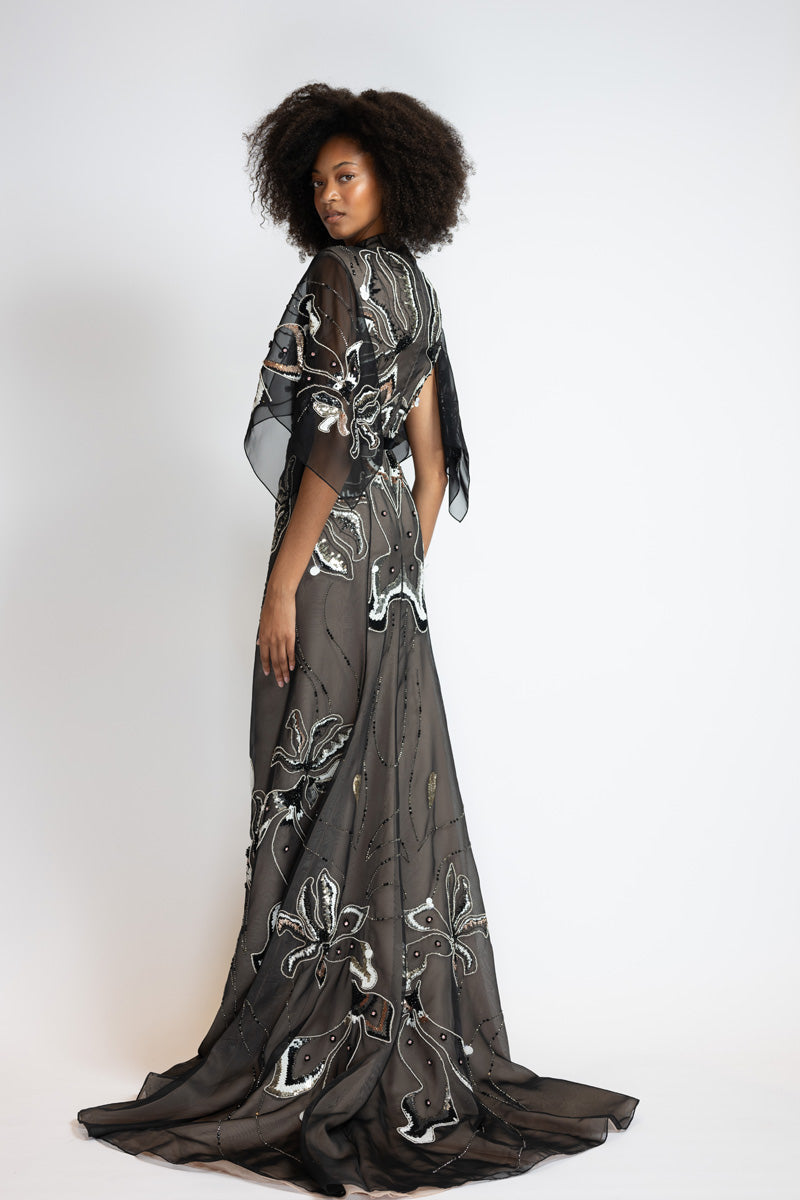 Rhyme Embroidered Black Organza Gown With Winged Sleeves 4