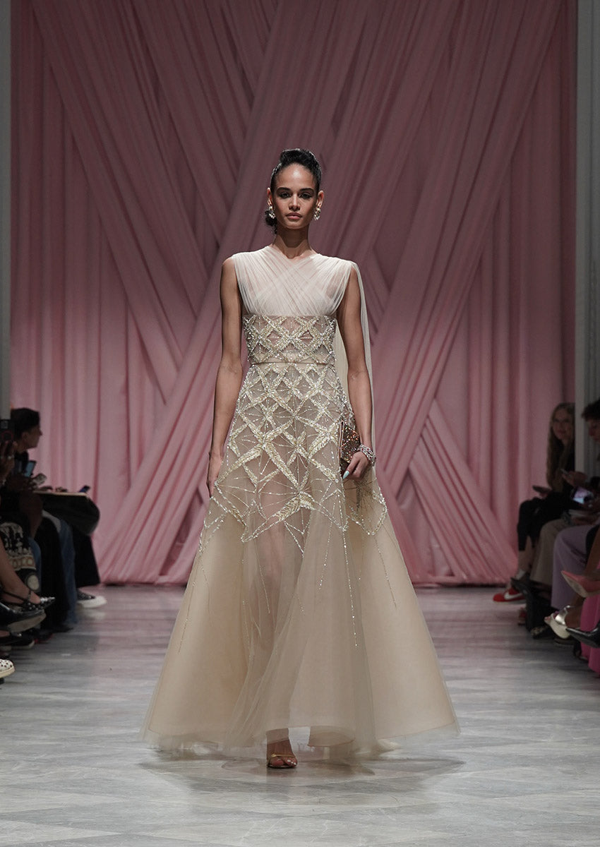 Nude Tulle Pleated Gown with Sitara Embroidery and Pallu Train