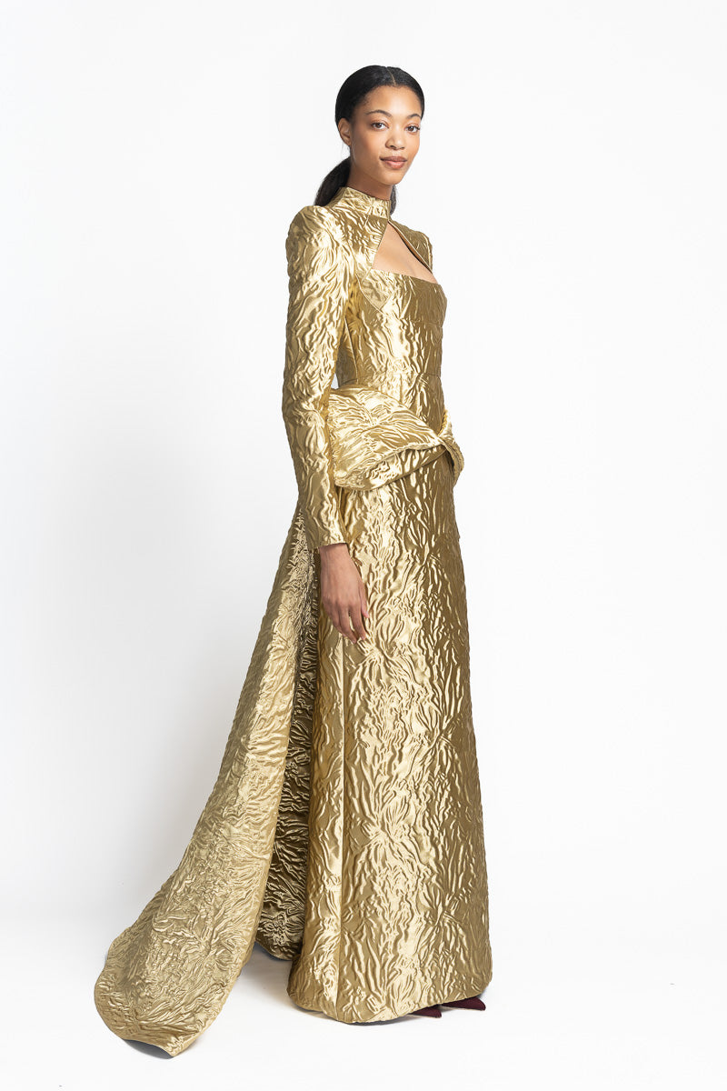 Hema Embossed Gold Jacquard Goddess Gown with Iris Drape Side One