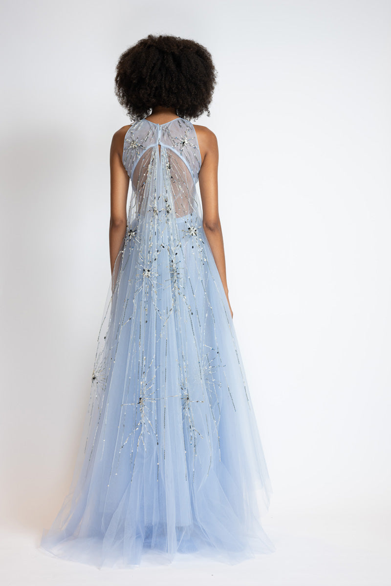 Starburst Embroidered Tinted Aqua Tulle Gown With Cape Train 5
