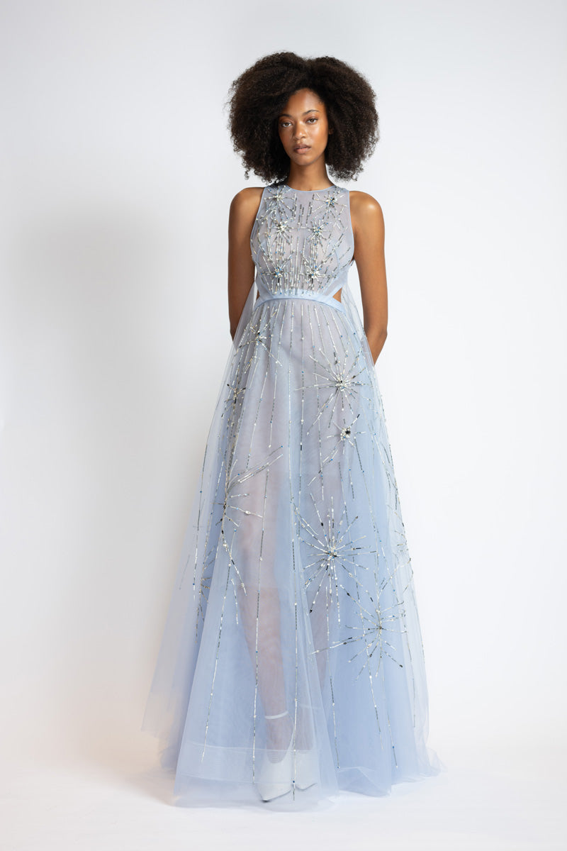 Starburst Embroidered Tinted Aqua Tulle Gown With Cape Train 2