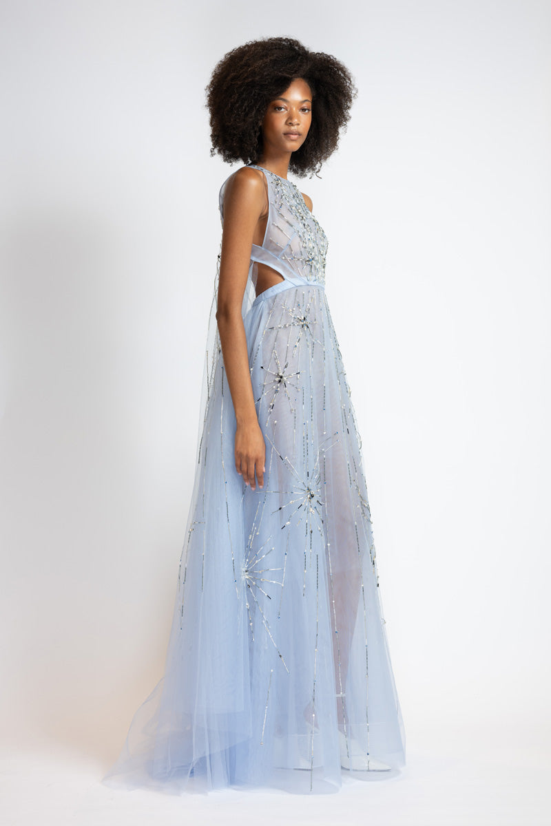 Starburst Embroidered Tinted Aqua Tulle Gown With Cape Train 3
