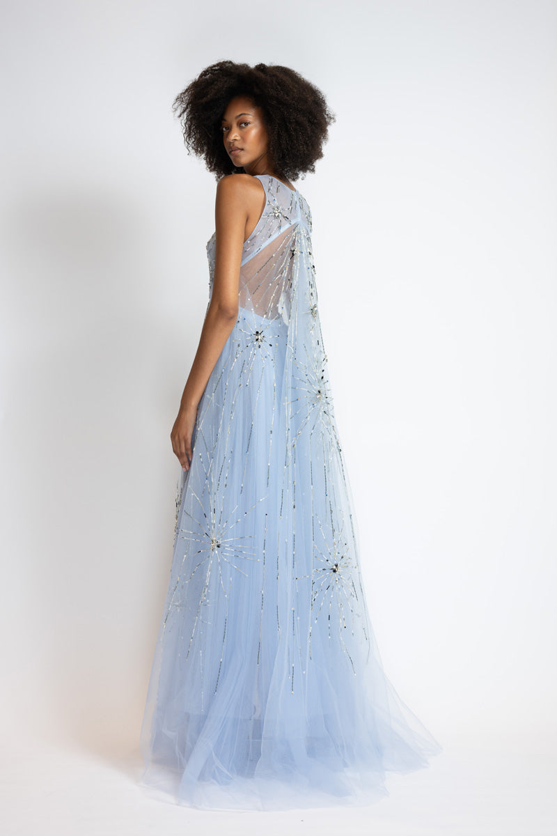 Starburst Embroidered Tinted Aqua Tulle Gown With Cape Train 4