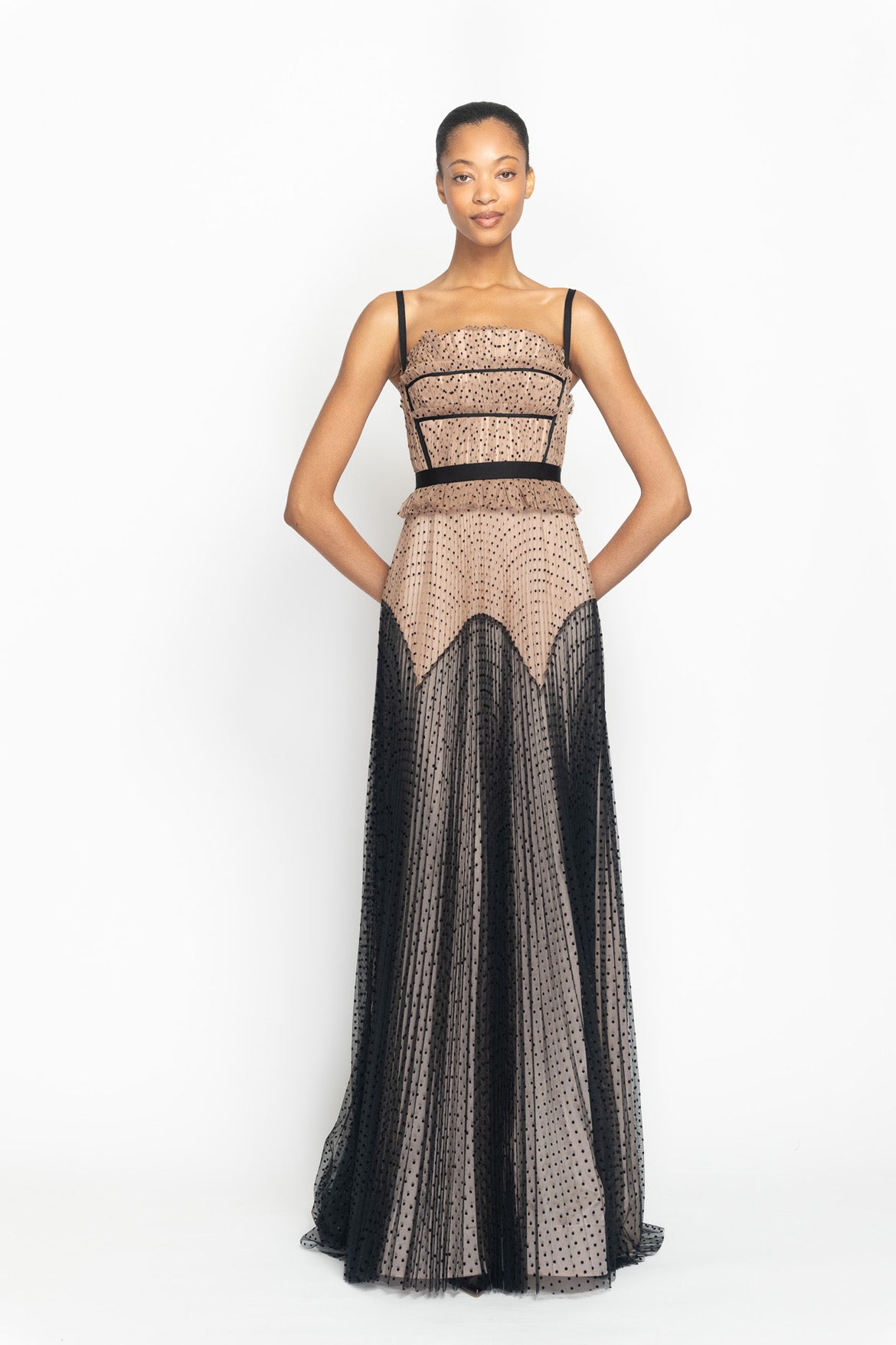 Toffee And Onyx Point d’Esprit Hand-Pleated Gown with Harness Detail Front