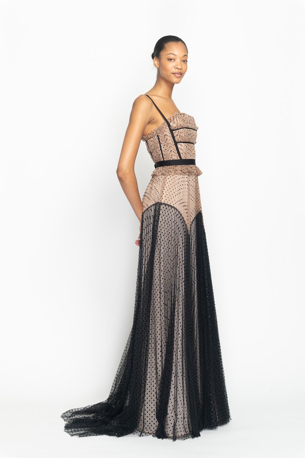 Toffee And Onyx Point d’Esprit Hand-Pleated Gown with Harness Detail Side One