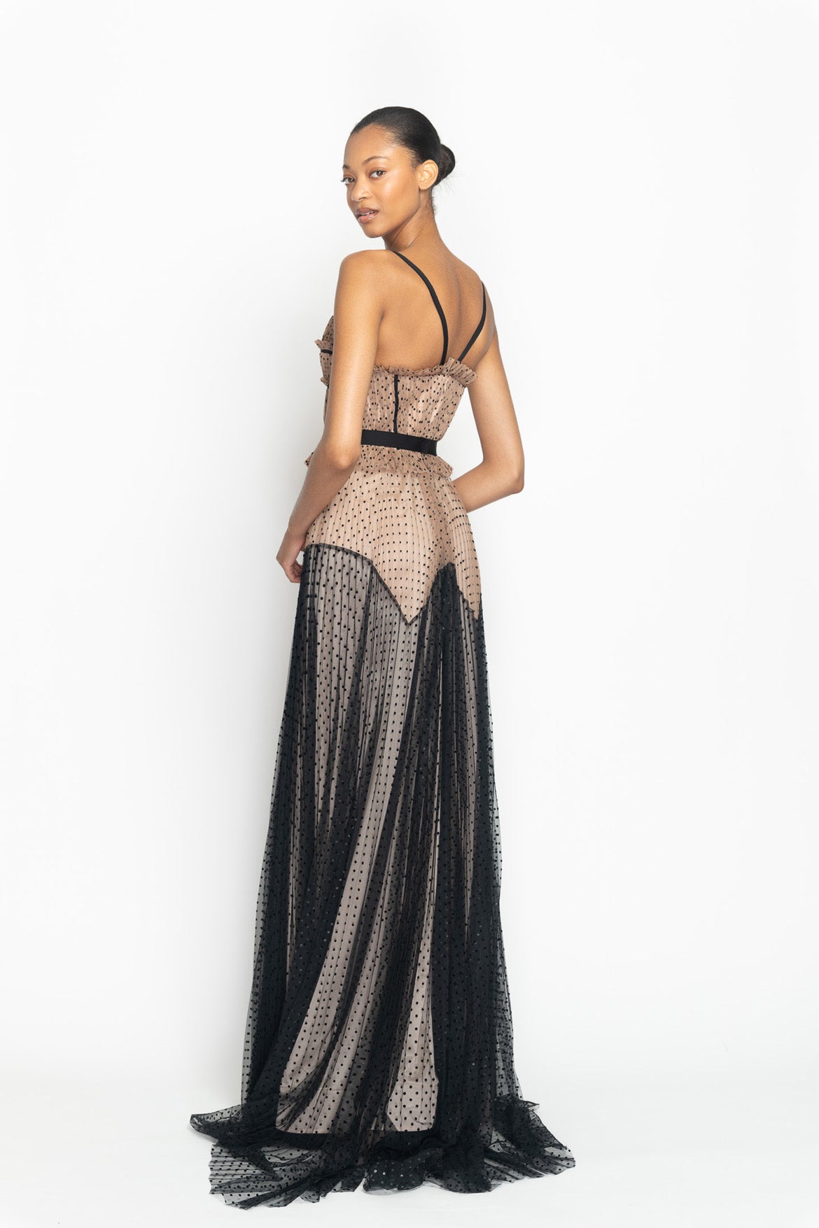 Toffee And Onyx Point d’Esprit Hand-Pleated Gown with Harness Detail Side Two