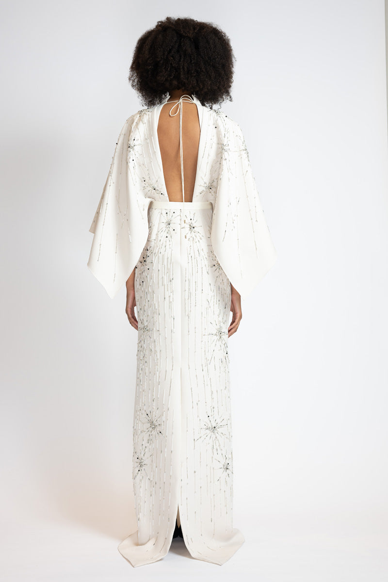 Ivory Cady Starburst Embroidered Column Gown With Draped Wings 4