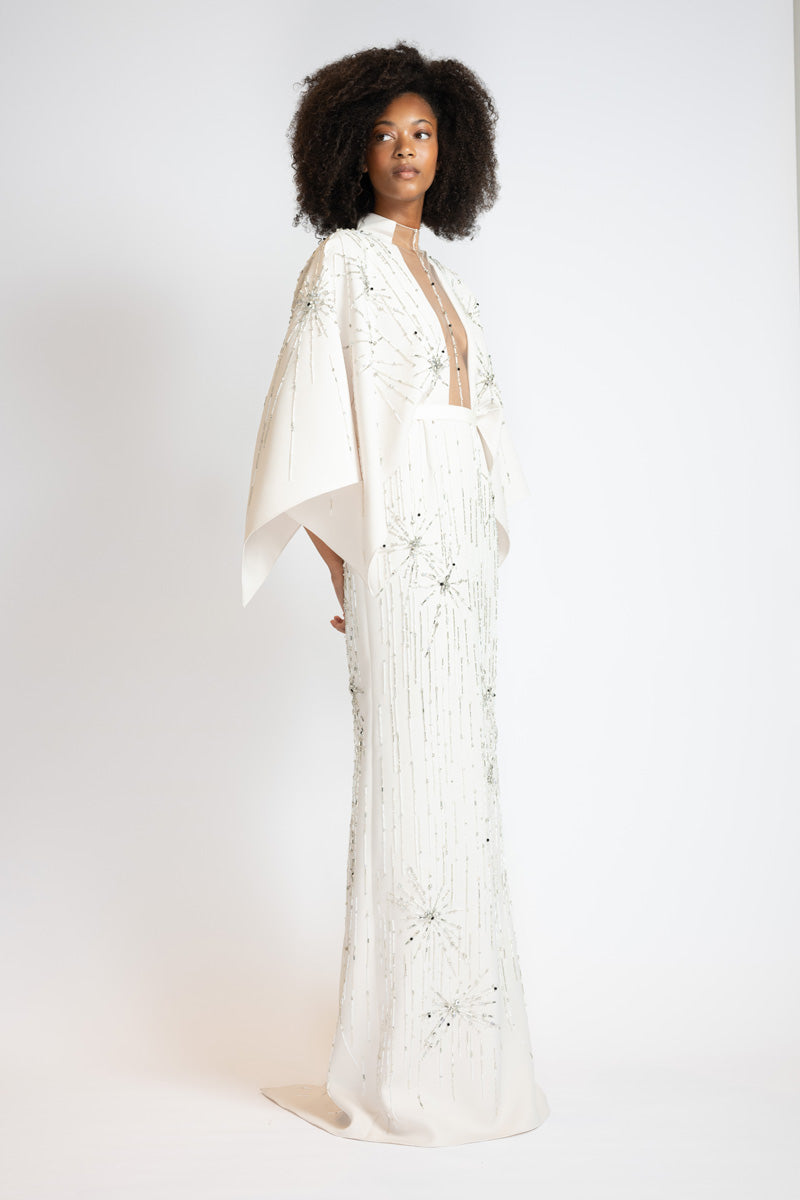 Ivory Cady Starburst Embroidered Column Gown With Draped Wings 2