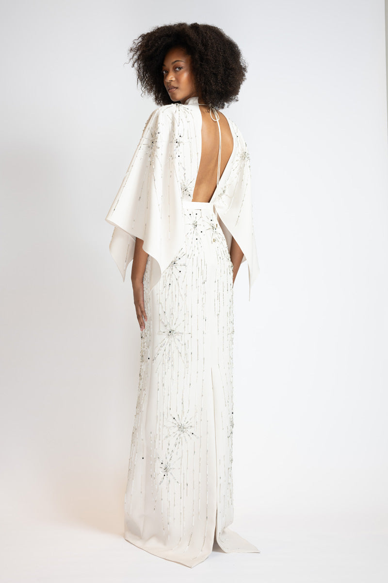 Ivory Cady Starburst Embroidered Column Gown With Draped Wings 3
