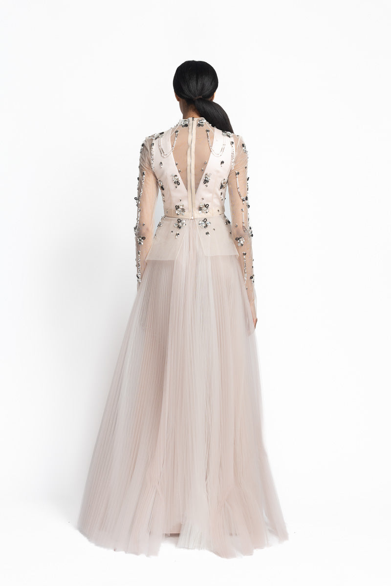 Rose Jugnu Embroidered Tulle Top with Tulle Pleated Gown Back