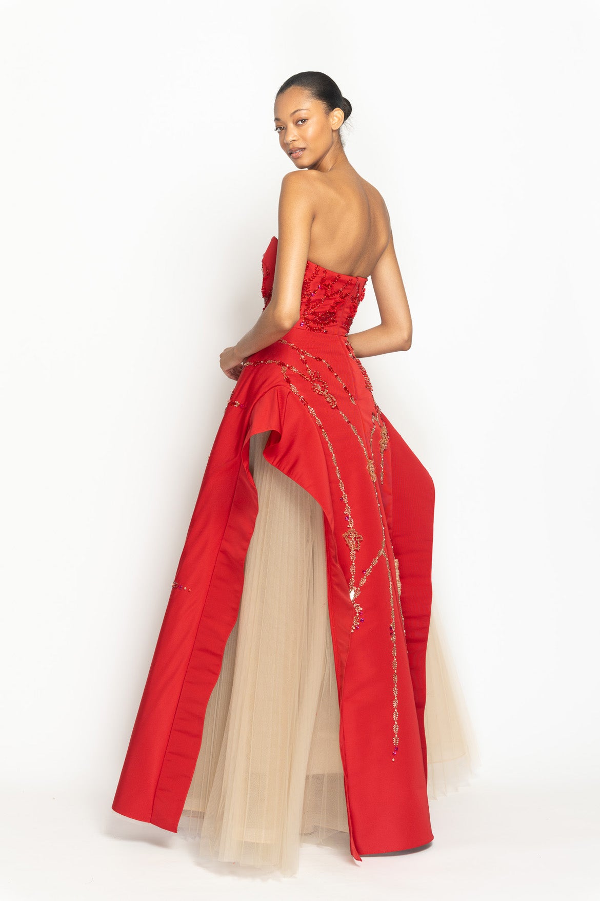 Sindoor Faille Strapless Ball Gown with Hex Weave Embroidered Apron Skirt and Pleated Tulle Underskirt Side Two