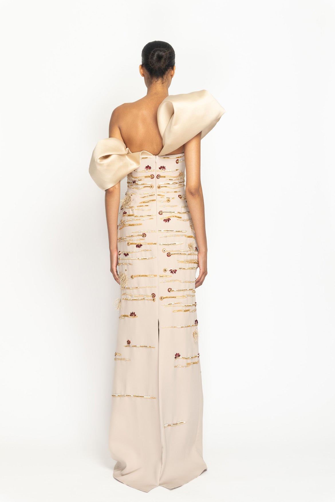 Almond Gazaar and Cady Crystal Radicle Embroidered Column Gown with Asymmetrical Shoulder Drape Back