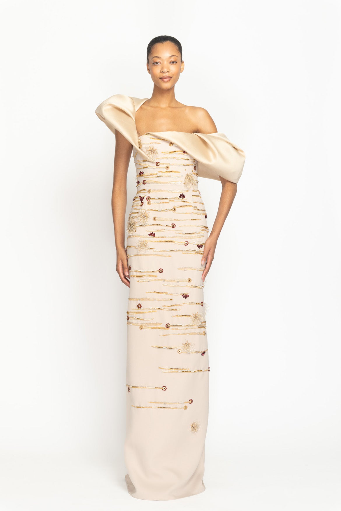 Almond Gazaar and Cady Crystal Radicle Embroidered Column Gown with Asymmetrical Shoulder Drape Front