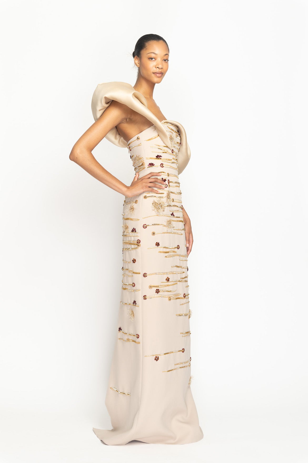 Almond Gazaar and Cady Crystal Radicle Embroidered Column Gown with Asymmetrical Shoulder Drape Side One