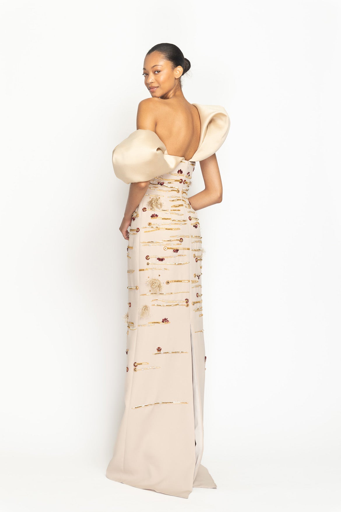 Almond Gazaar and Cady Crystal Radicle Embroidered Column Gown with Asymmetrical Shoulder Drape Side Two