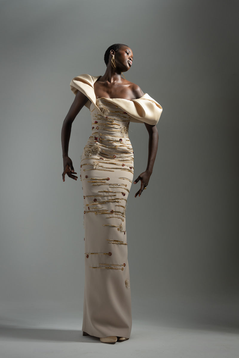 Almond Gazaar and Cady Crystal Radicle Embroidered Column Gown with Asymmetrical Shoulder Drape Front Runway