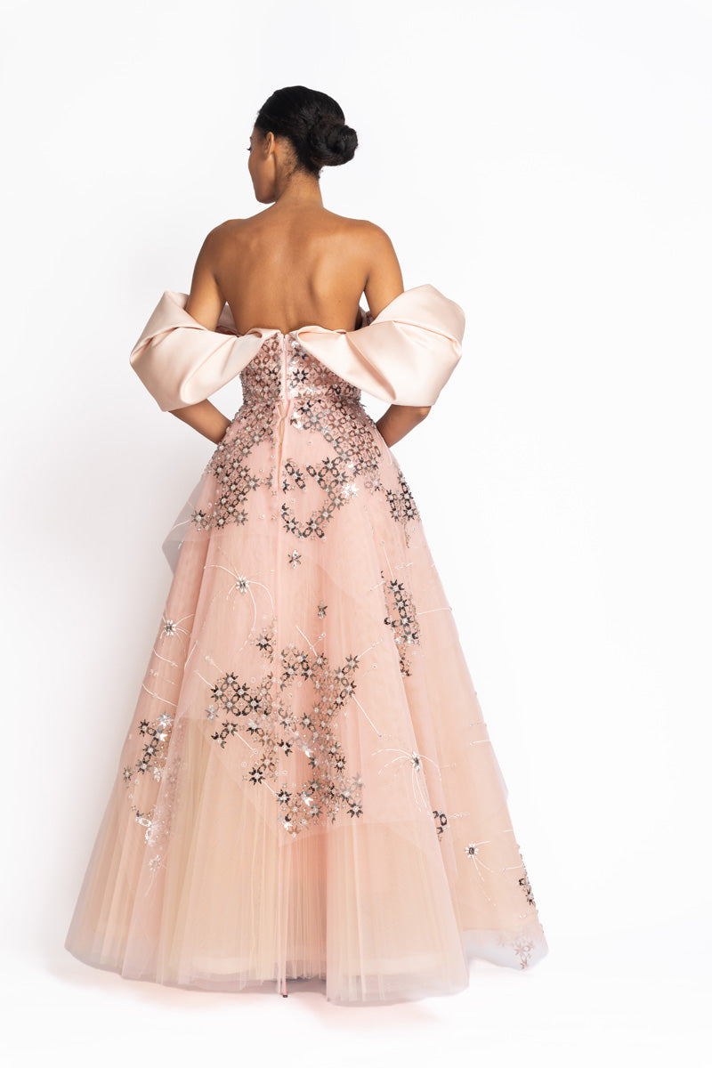 Stella Embroidered Peony Tulle Gown with Double Duchess Shoulder Drapes 5