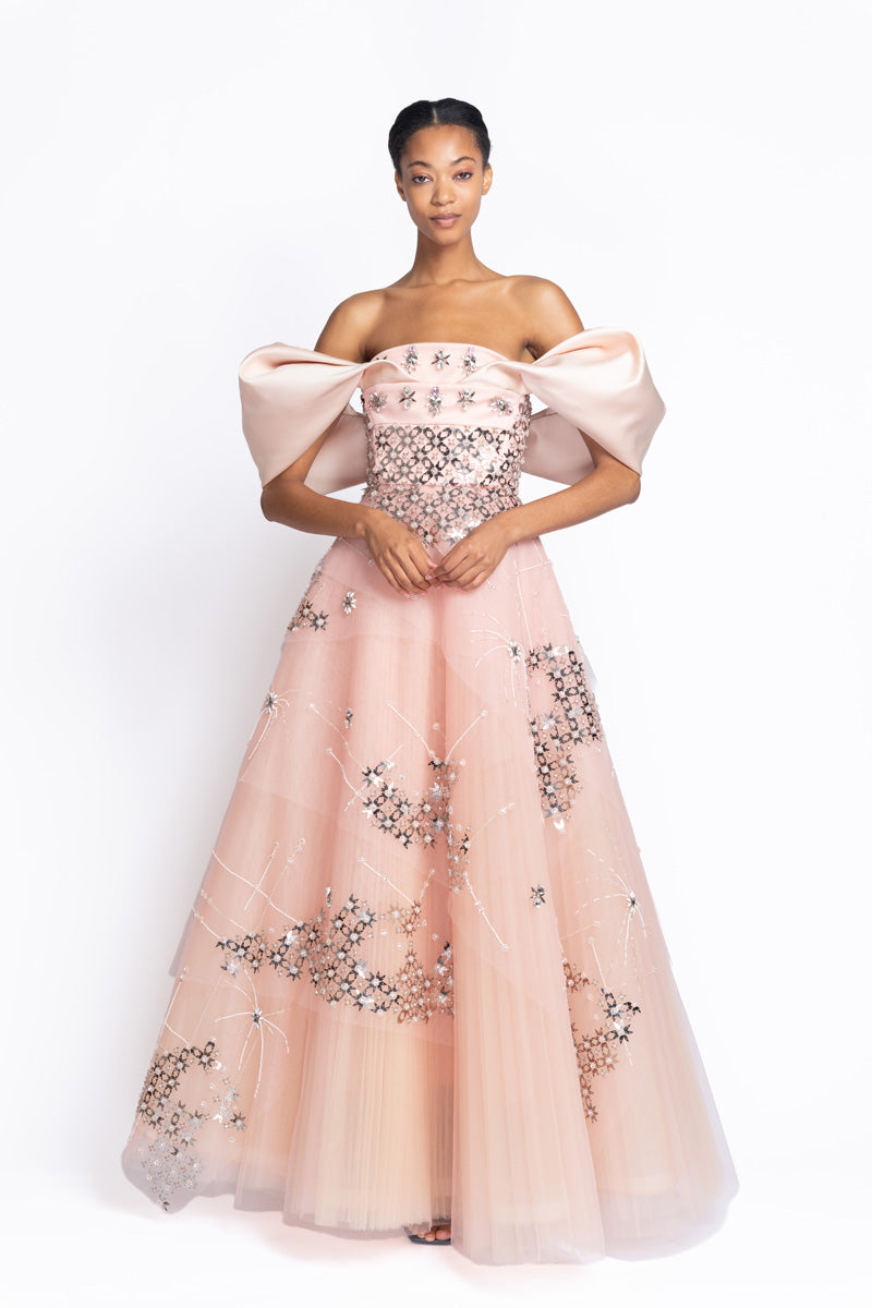 Stella Embroidered Peony Tulle Gown with Double Duchess Shoulder Drapes 2