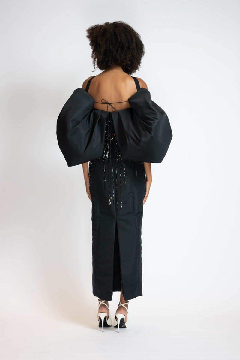 Sunburst Embroidered Black Faille Dress With Draped Cloud Sleeves 5