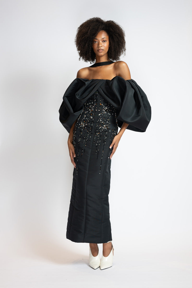 Sunburst Embroidered Black Faille Dress With Draped Cloud Sleeves 2