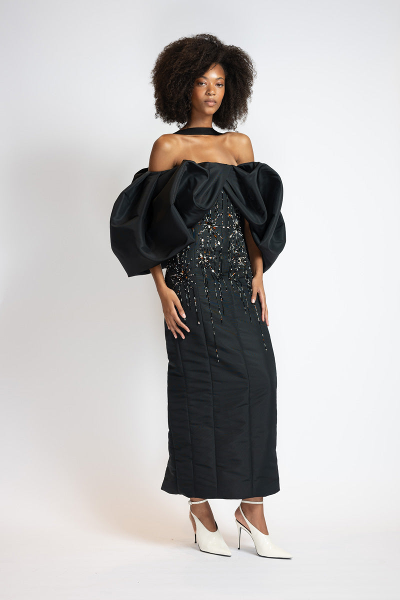 Sunburst Embroidered Black Faille Dress With Draped Cloud Sleeves 3