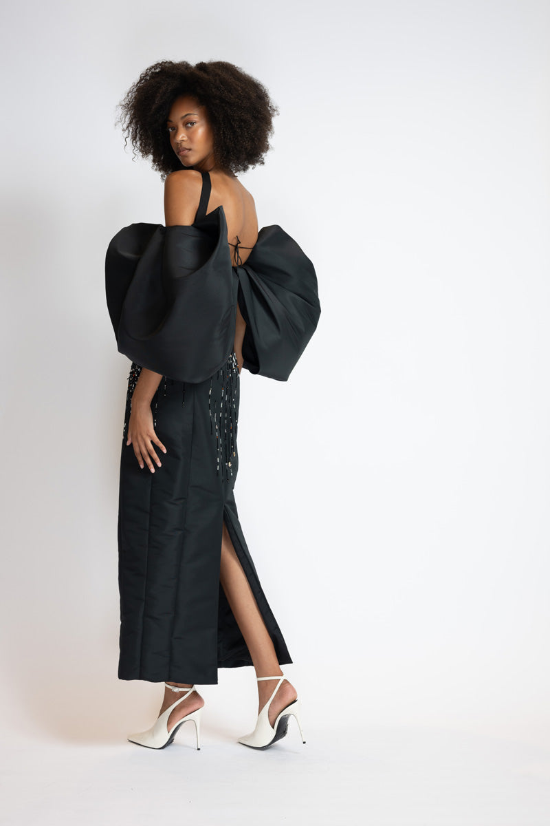 Sunburst Embroidered Black Faille Dress With Draped Cloud Sleeves 4