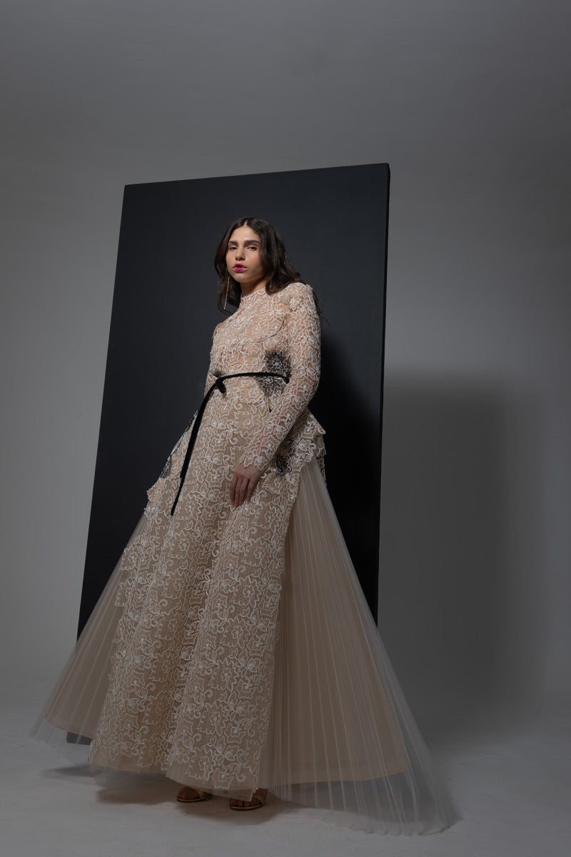 Light Sand Belle Fleur Lace and Tulle Gown with Onyx Lace Appliqué Front Runway