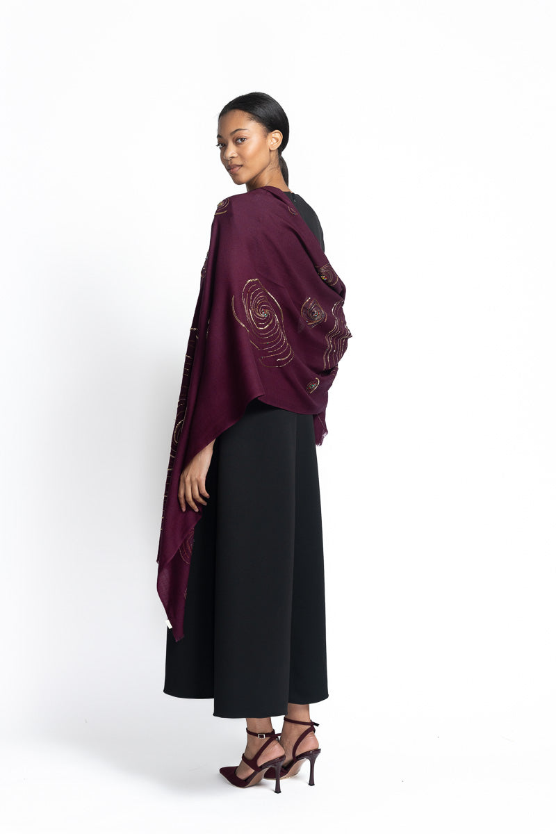 Claret Cashmere Scarf with Cosmic Embroidery