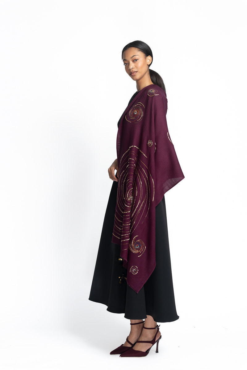 Claret Cashmere Scarf with Cosmic Embroidery