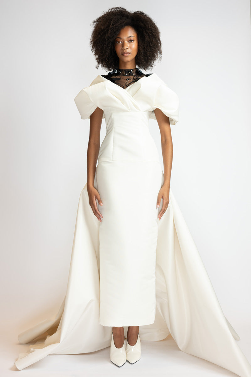 Ivory Faille Gown With Glass Petal Embroidered Bodice 3